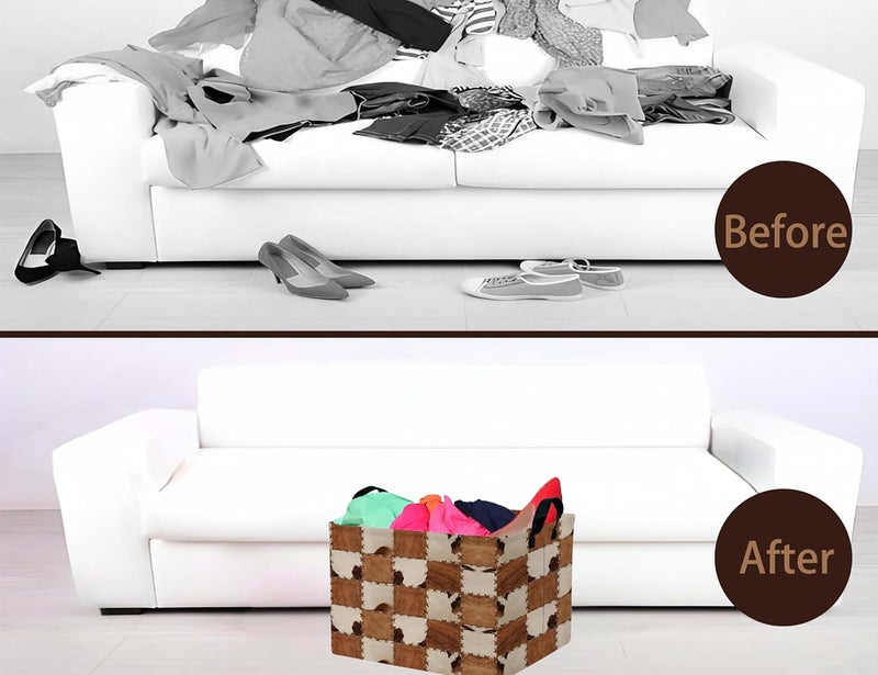 BOOHIT Checkered Kids Toy Basket Collapse Storage Bin with Handles Canvas Cow Fur Print Home Decor(Brown White) - Image 5